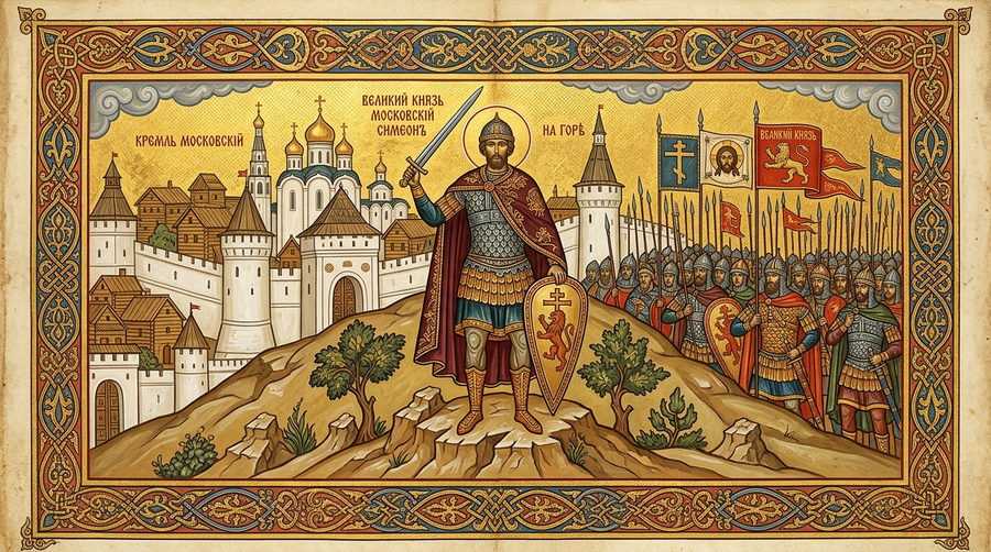 Миниатюра: князь в доспехах с мечом на холме перед белокаменным кремлём